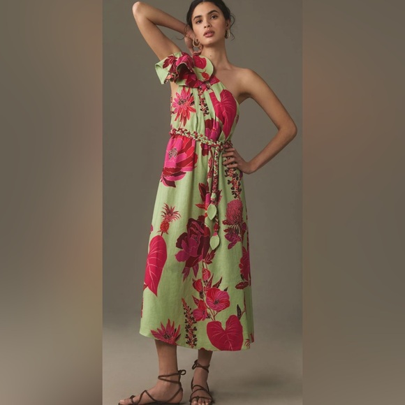 FARM Rio Other - BNWT FARM Rio Fresh Garden One-Shoulder Linen Midi Dress Pink & Green